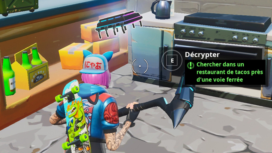 Fortnite : Puce 77 Décryptage, chercher dans un restaurant de tacos près d'une voie ferrée, Défi