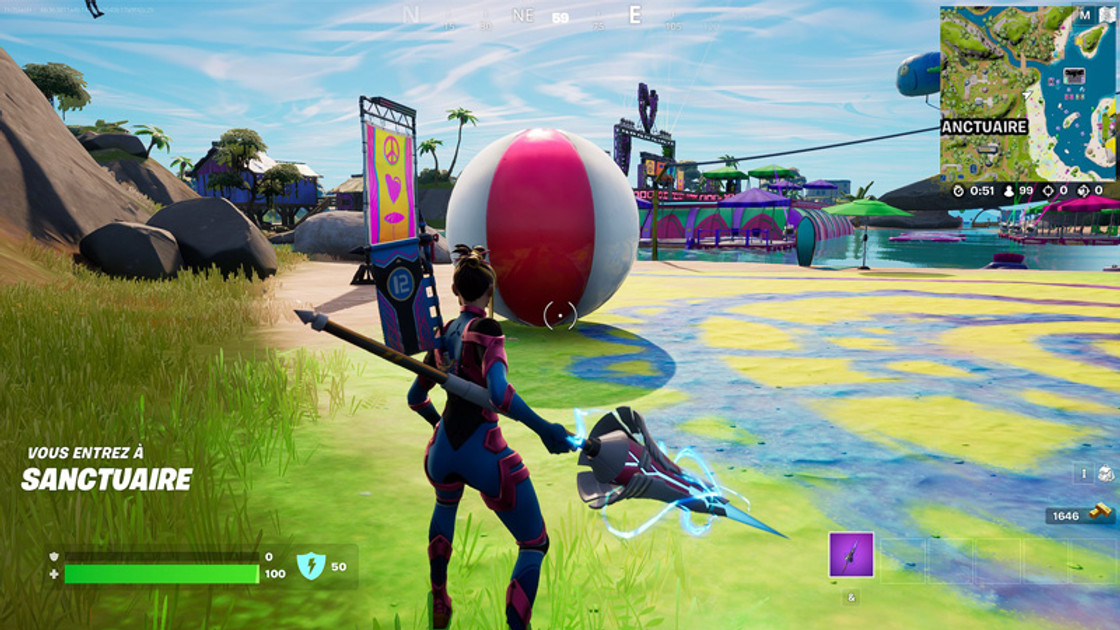 Taper dans un ballon de plage et dans un ballon de plage géant dans Fortnite, défi Eté au calme