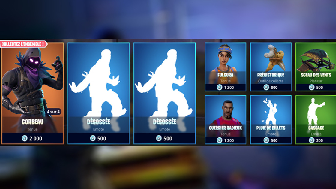 Boutique Fortnite 7 mai avec skin Corbeau et Fulgura