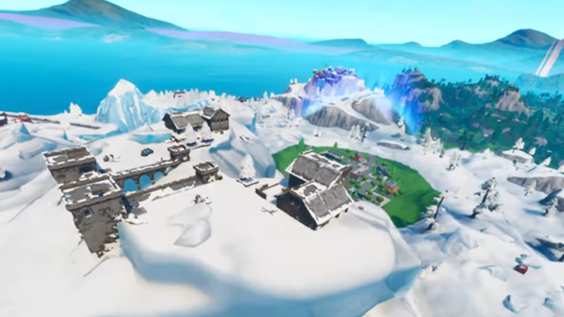 Fortnite : Atterrir à Polar Peak, sur un volcan et en haut d'une colline avec un cercle d'arbres, défi Course Tempétueuse, guide pour le réaliser